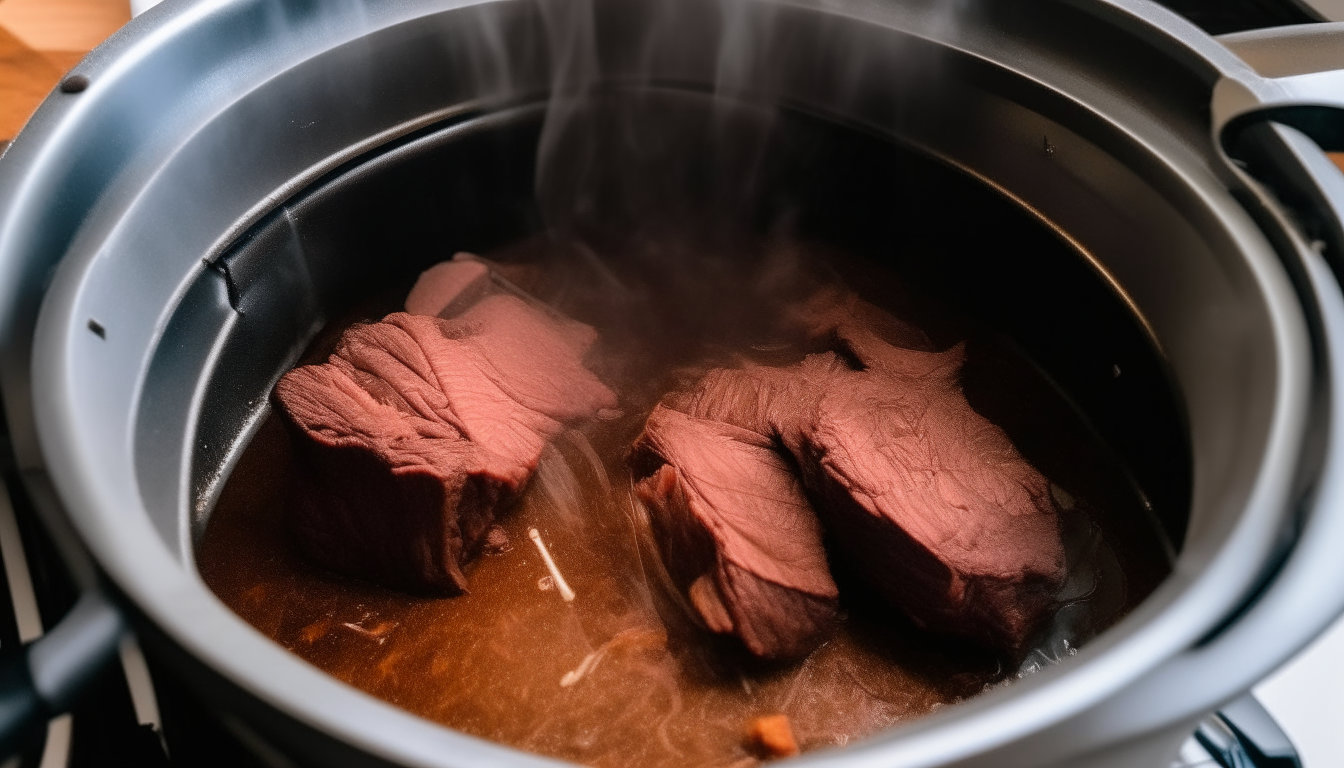 Marinated beef sautéing in an Instant Pot, starting to brown as it cooks