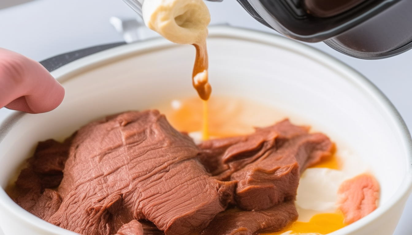 Reserved marinade and cornstarch slurry being added into Instant Pot with browned beef