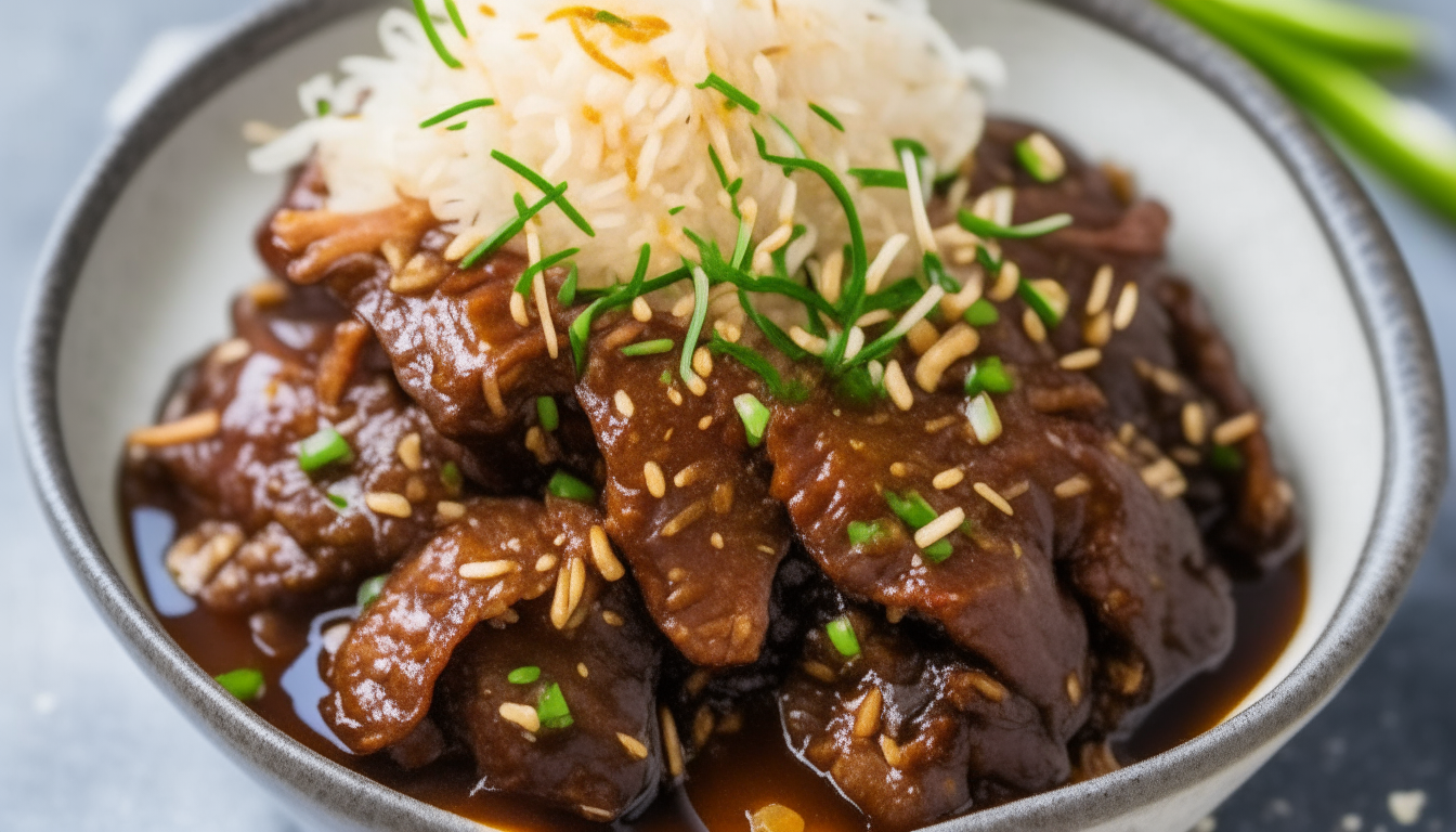 Mongolian beef served over rice, garnished with green onions and sesame seeds