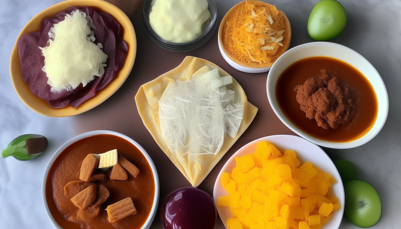 Corn tortillas, enchilada sauce, cheese, and optional garnishes laid out