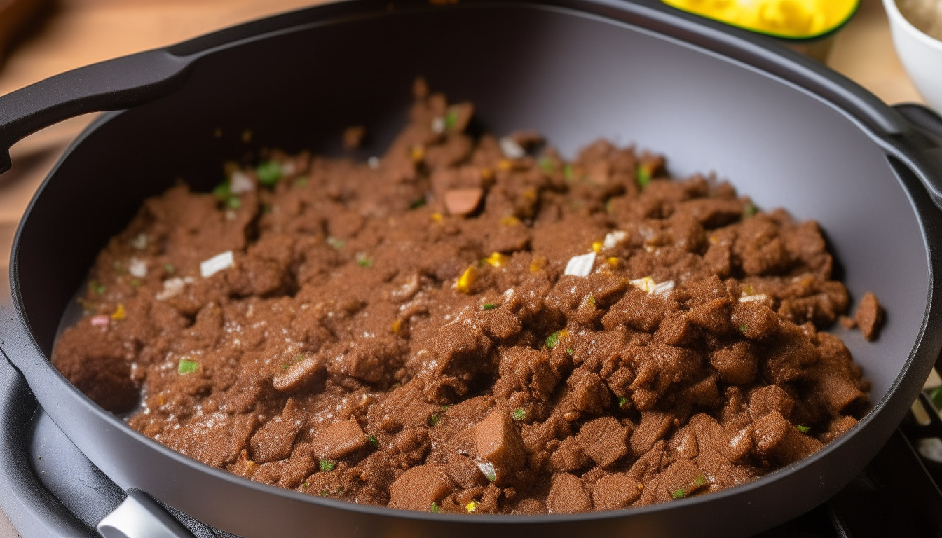 Ground beef browning in a skillet with taco seasoning