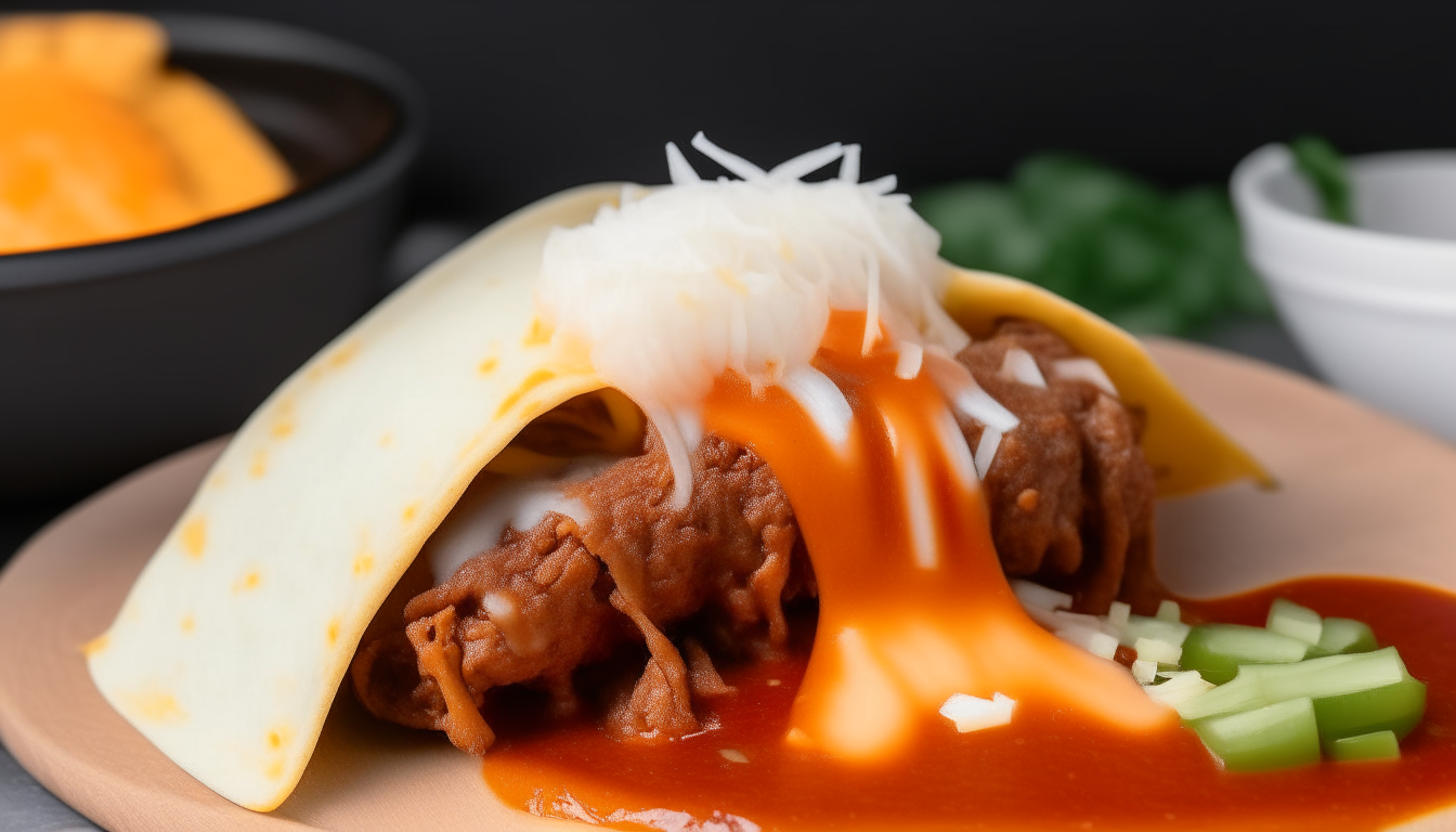 Enchilada sauce poured over rolled beef tortillas, topped with cheese