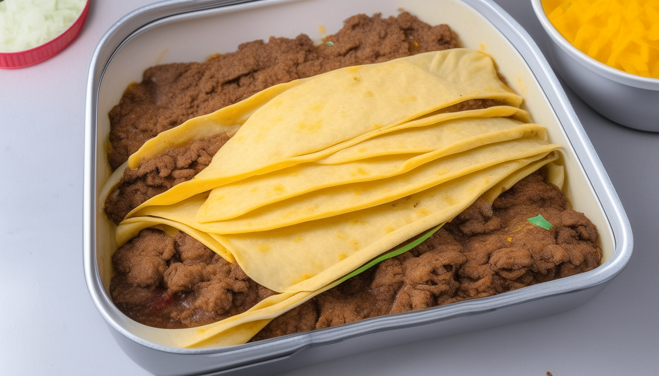 Beef mixture rolled into corn tortillas then placed in a baking dish