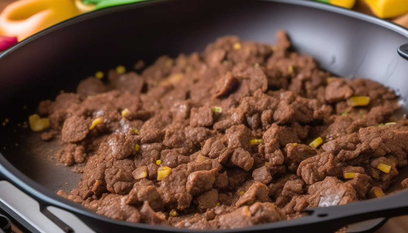 Ground beef browning in a skillet seasoned with taco seasoning