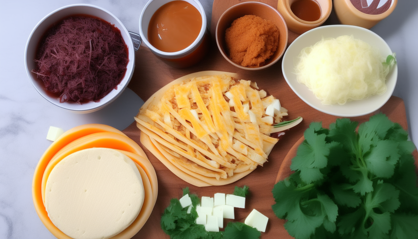 Corn tortillas, enchilada sauce, cheese, onions and cilantro ingredients