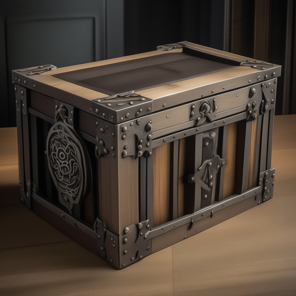 A simple wooden crate with metal accents, gothic style