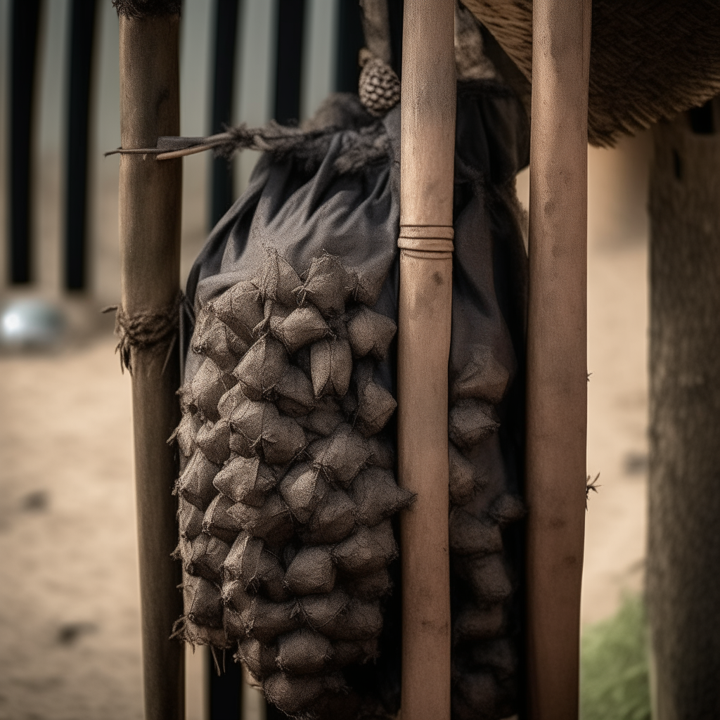 A metal pole with spikes, holding up a burlap sack of bats, gothic horror