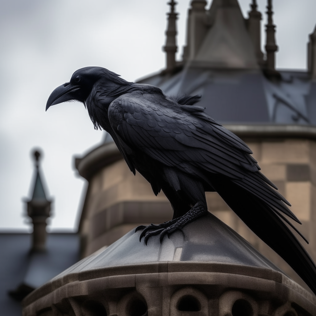 A crow perched on a gargoyle, wings spread, brooding expression, gothic architecture in background