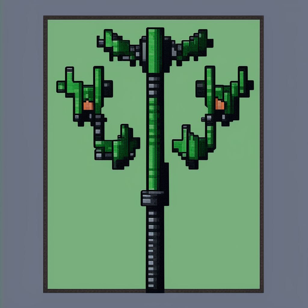 A black metal pole with 3 green bats hanging from it, 8-bit pixel art style