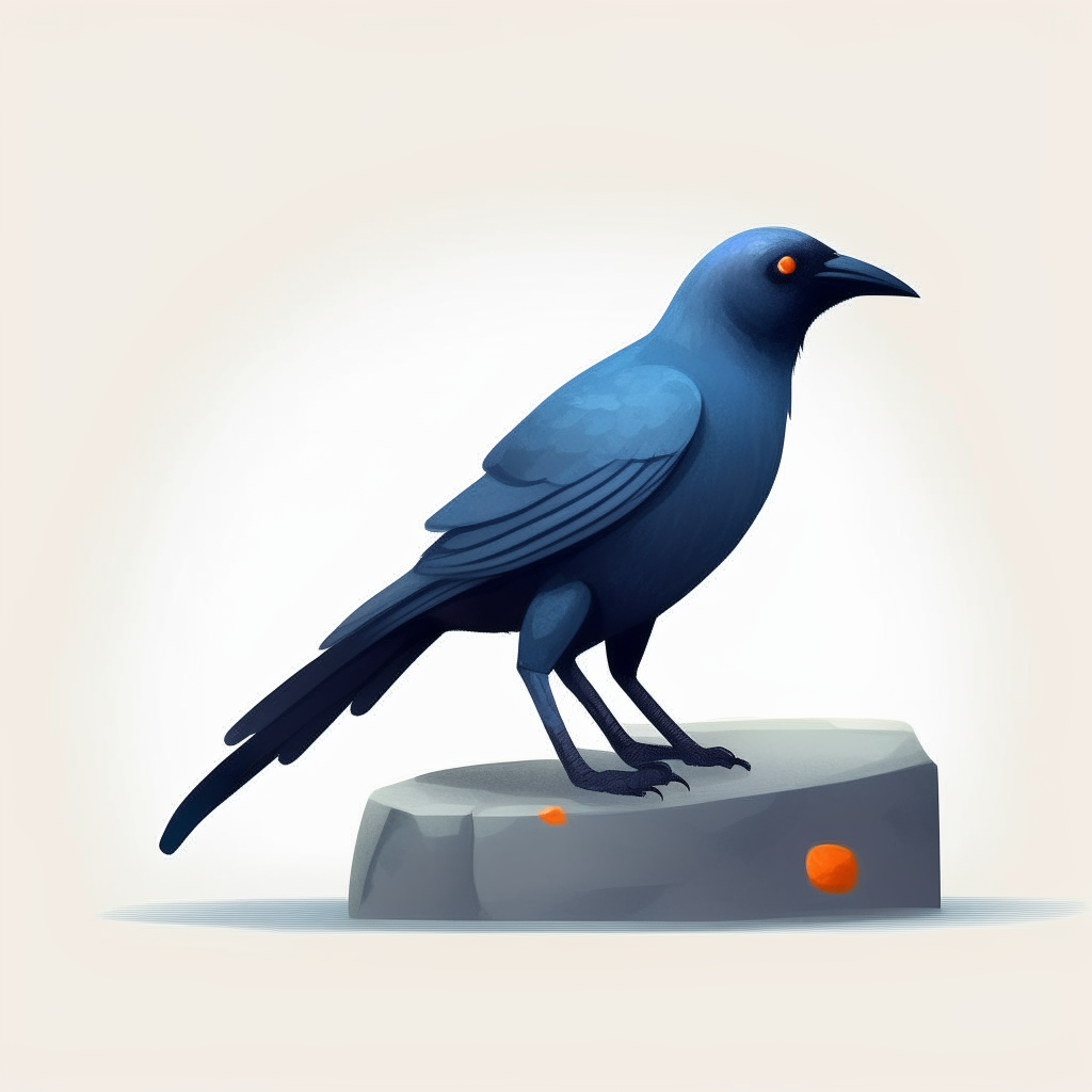 A blue crow with orange beak and feet perched on a gray stone, minimalist sprite style