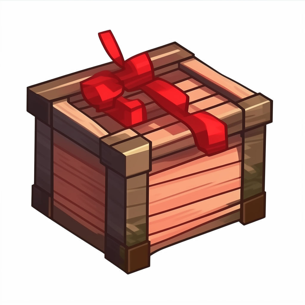 A cute red wooden crate with a black bow on top, pixel art style