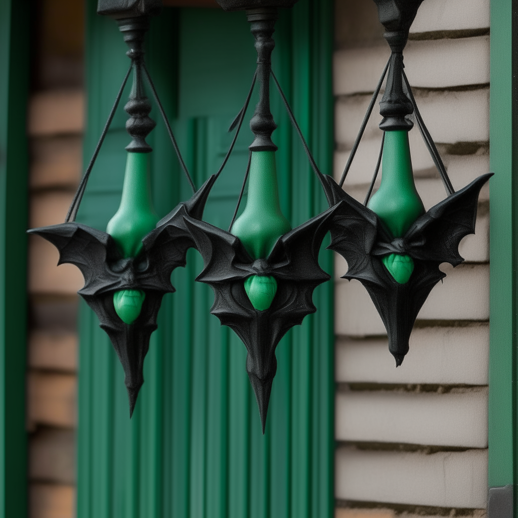 Three green bats hanging from a curved black wrought iron pole, spooky Halloween style