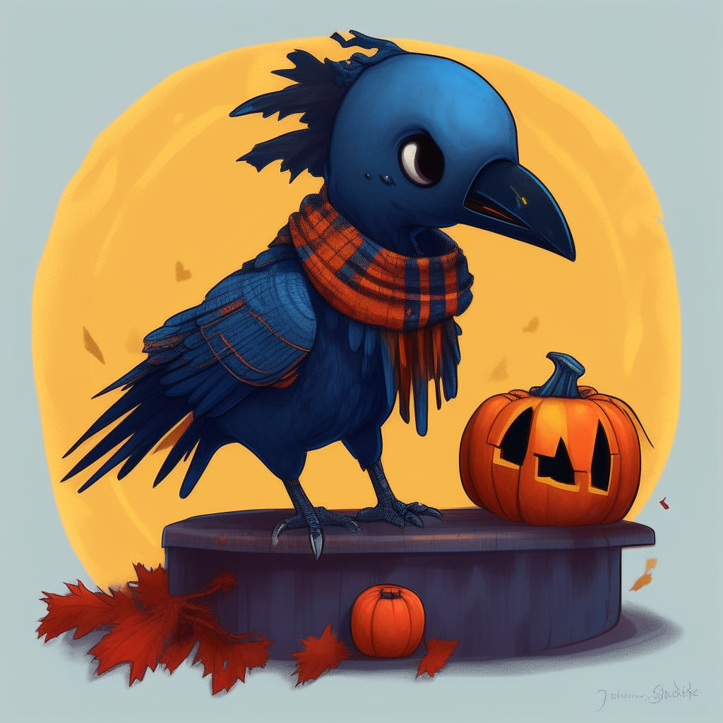 A blue crow with red and yellow plaid scarf, perched on a jack-o-lantern, cartoonish sprite