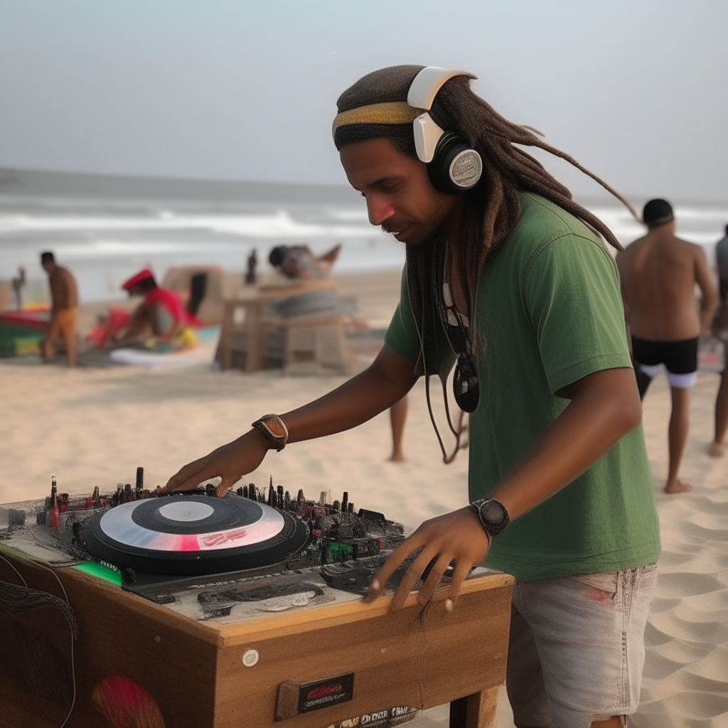 un dj rasta tocando para un publico que danza, en una playa