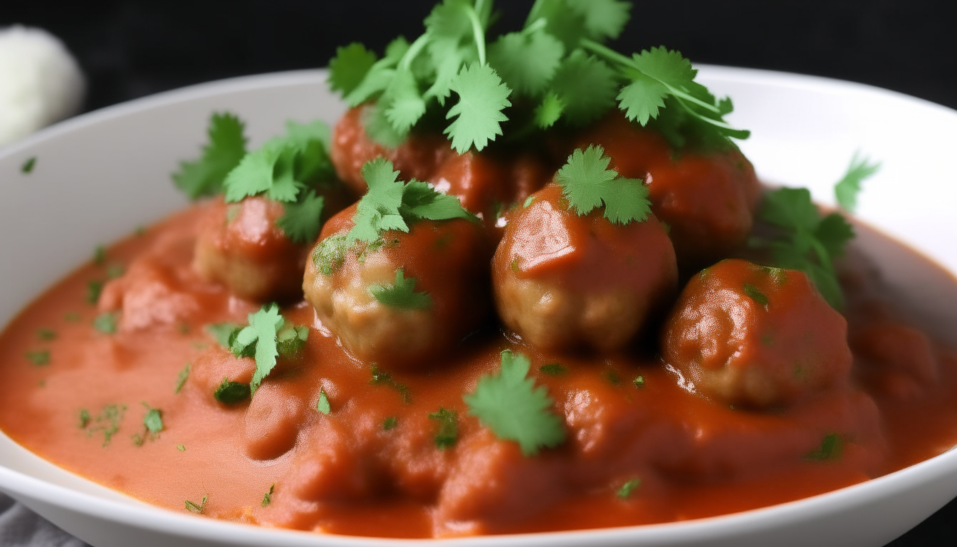 Meatballs and marinara sauce served over mashed potatoes, garnished with parsley