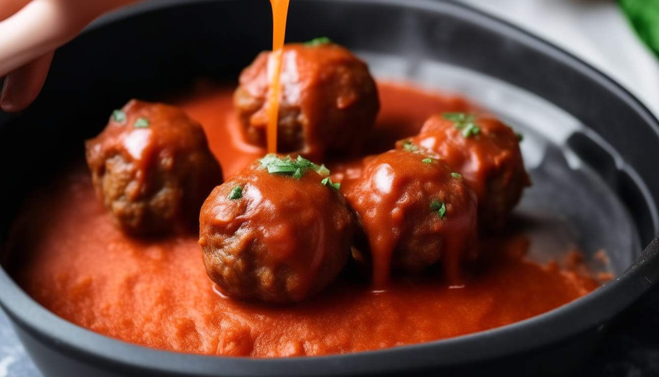 Marinara sauce poured over browned meatballs in an Instant Pot