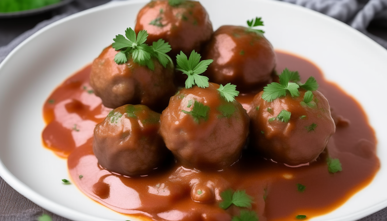 Meatballs and sauce served over mashed potatoes garnished with parsley