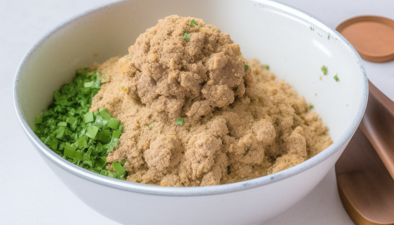 Ground beef, breadcrumbs, egg, parsley and seasonings mixed in a bowl to form meatball mixture