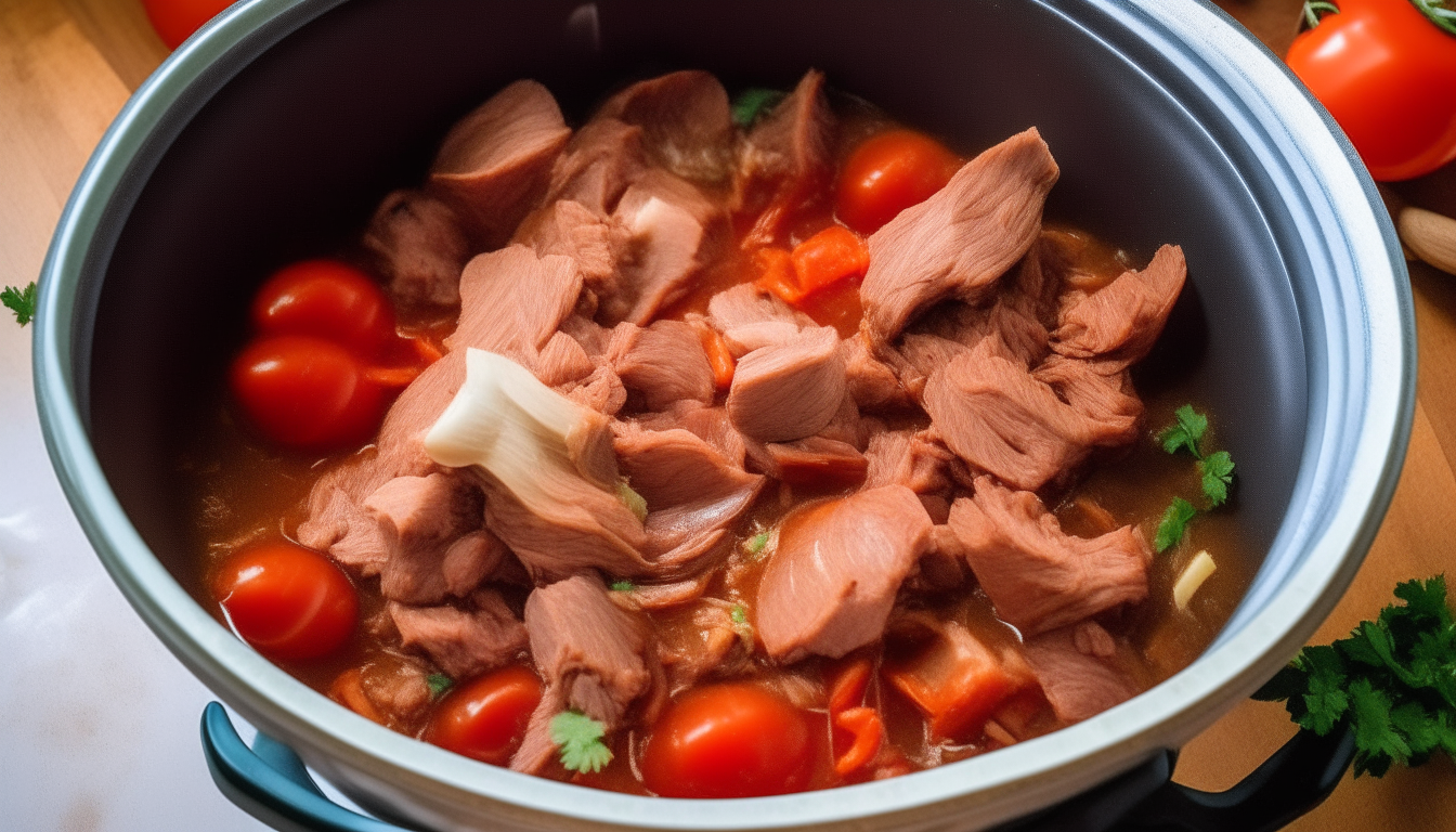 Onions, garlic, tomatoes and spices added to browned pork in Instant Pot