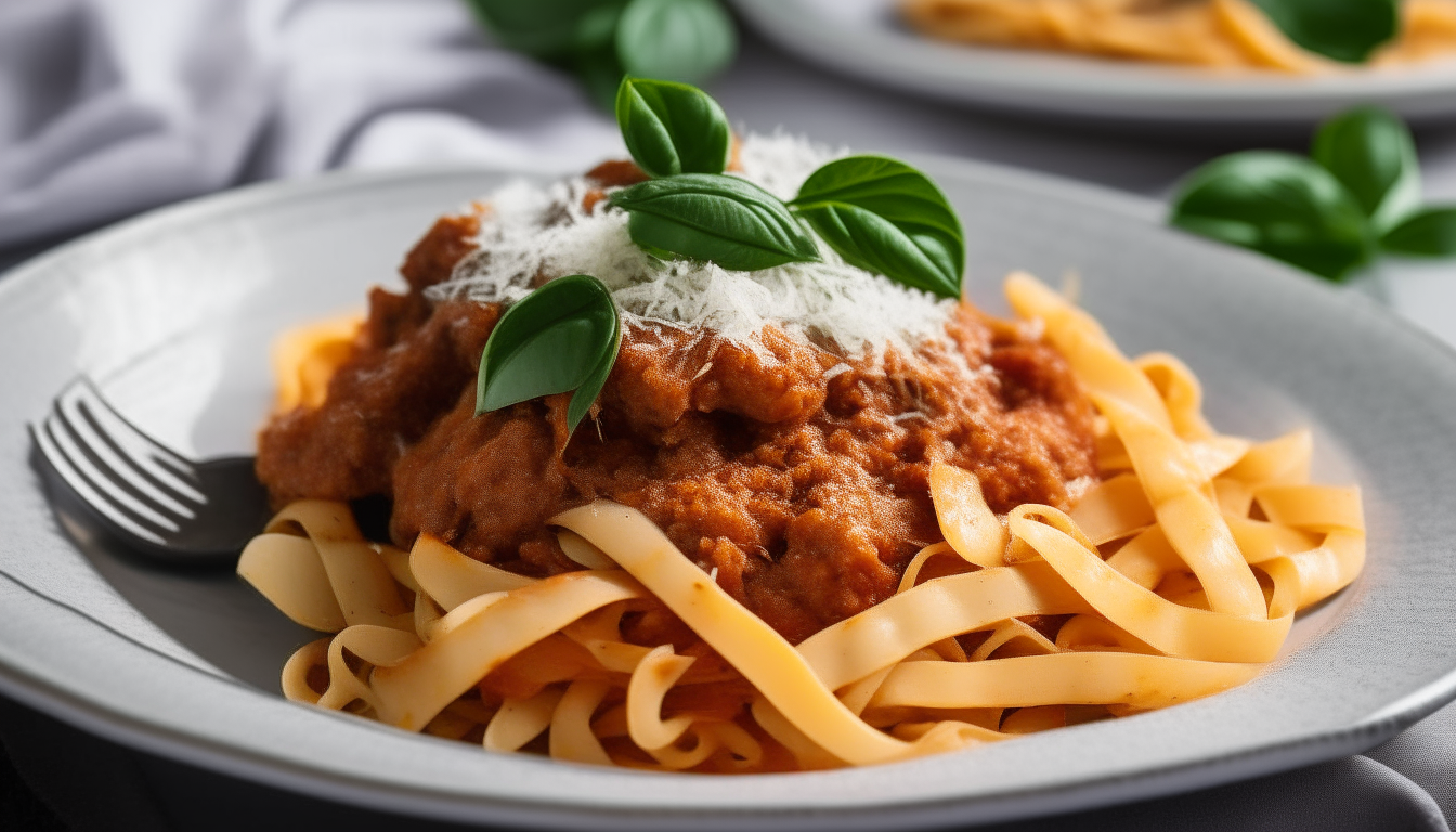 Pork ragù served over pasta, garnished with basil and parmesan