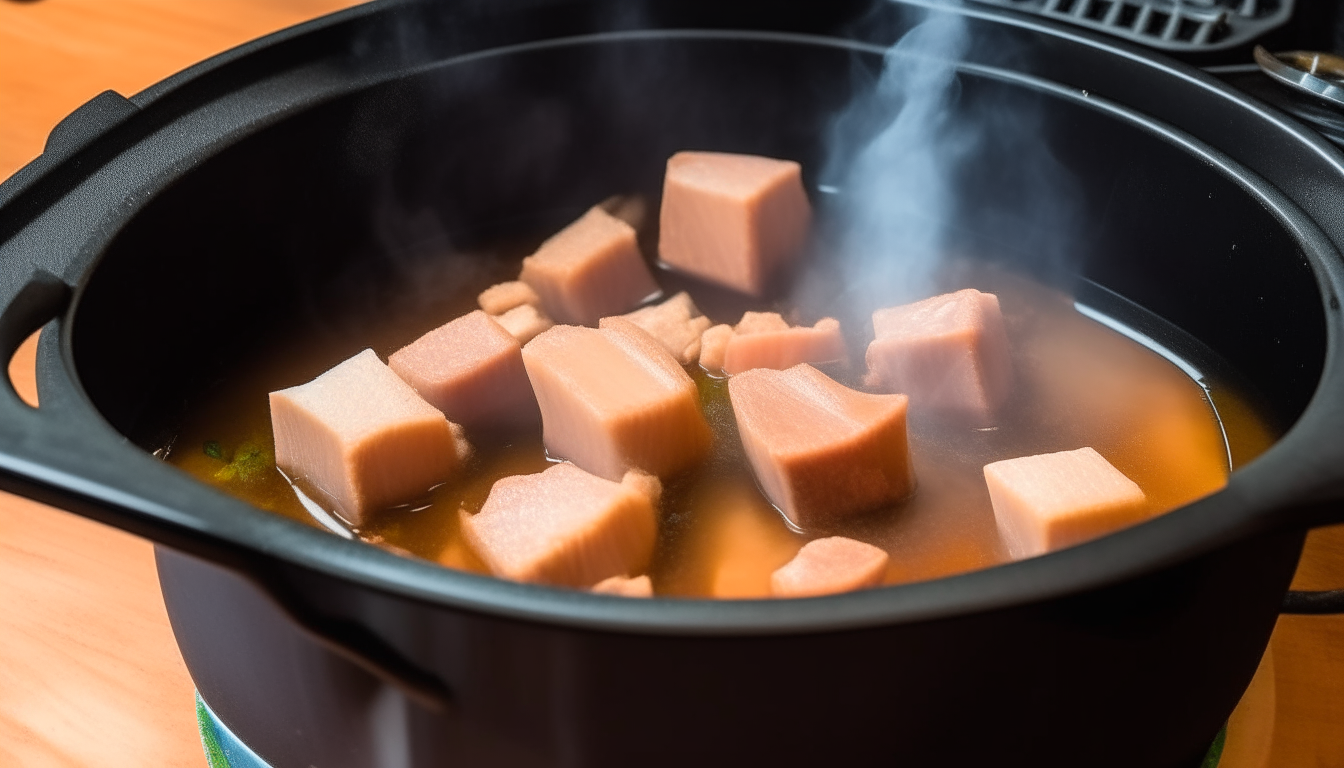 Pork cubes browning in hot oil in an Instant Pot on sauté mode