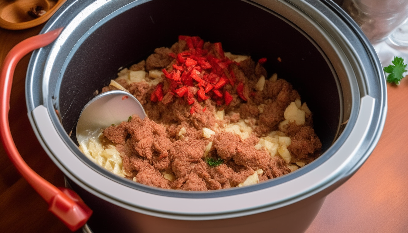 Onions, garlic, oregano and red pepper flakes sautéing in an Instant Pot containing browned ground pork