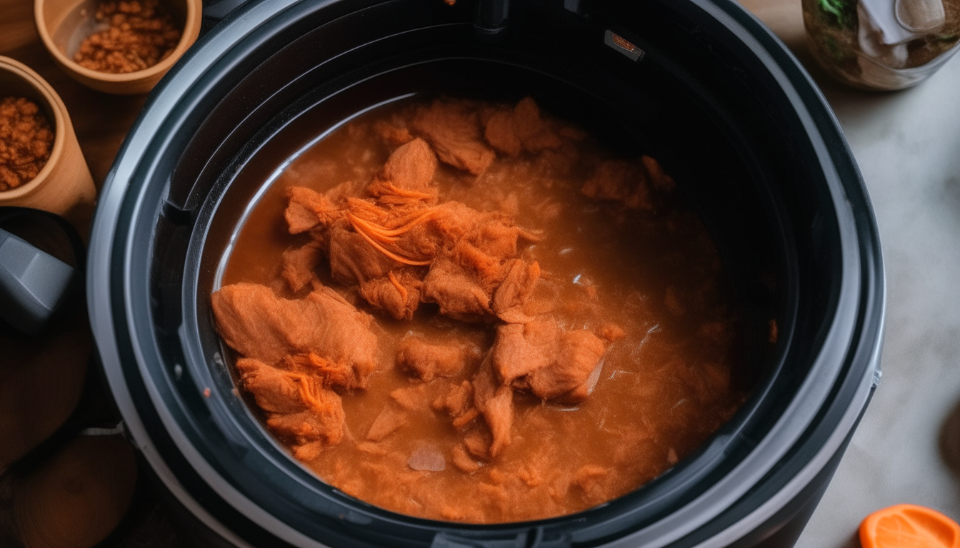 Inside an Instant Pot filled with pork ragù ingredients, display set to manual pressure cook mode