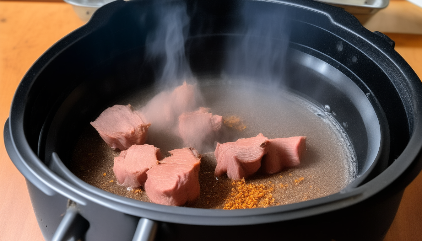 Pork browning with salt and pepper in an Instant Pot set to sauté mode