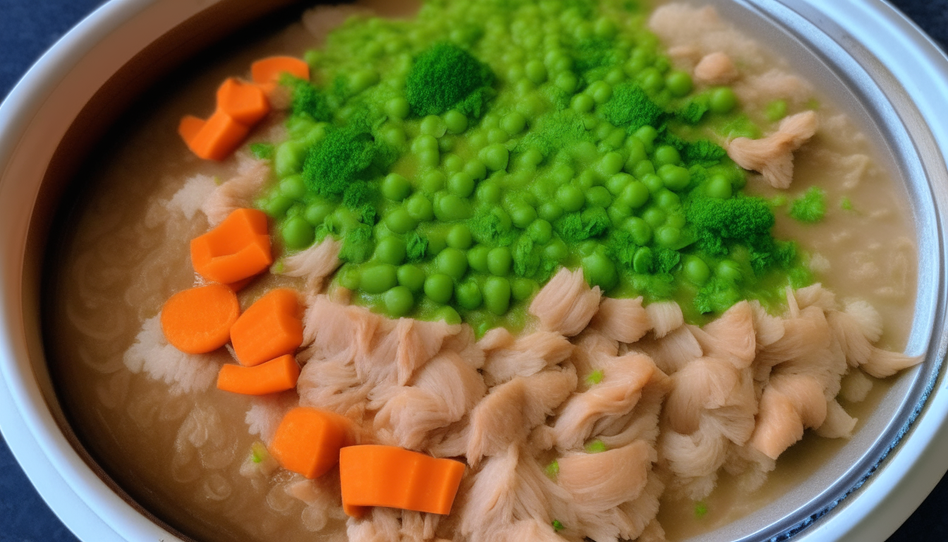 Carrots, peas, ginger and garlic added to browned pork in Instant Pot, along with cooked rice