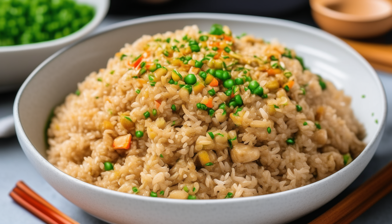 Plated Instant Pot pork fried rice, garnished with green onions and sesame seeds