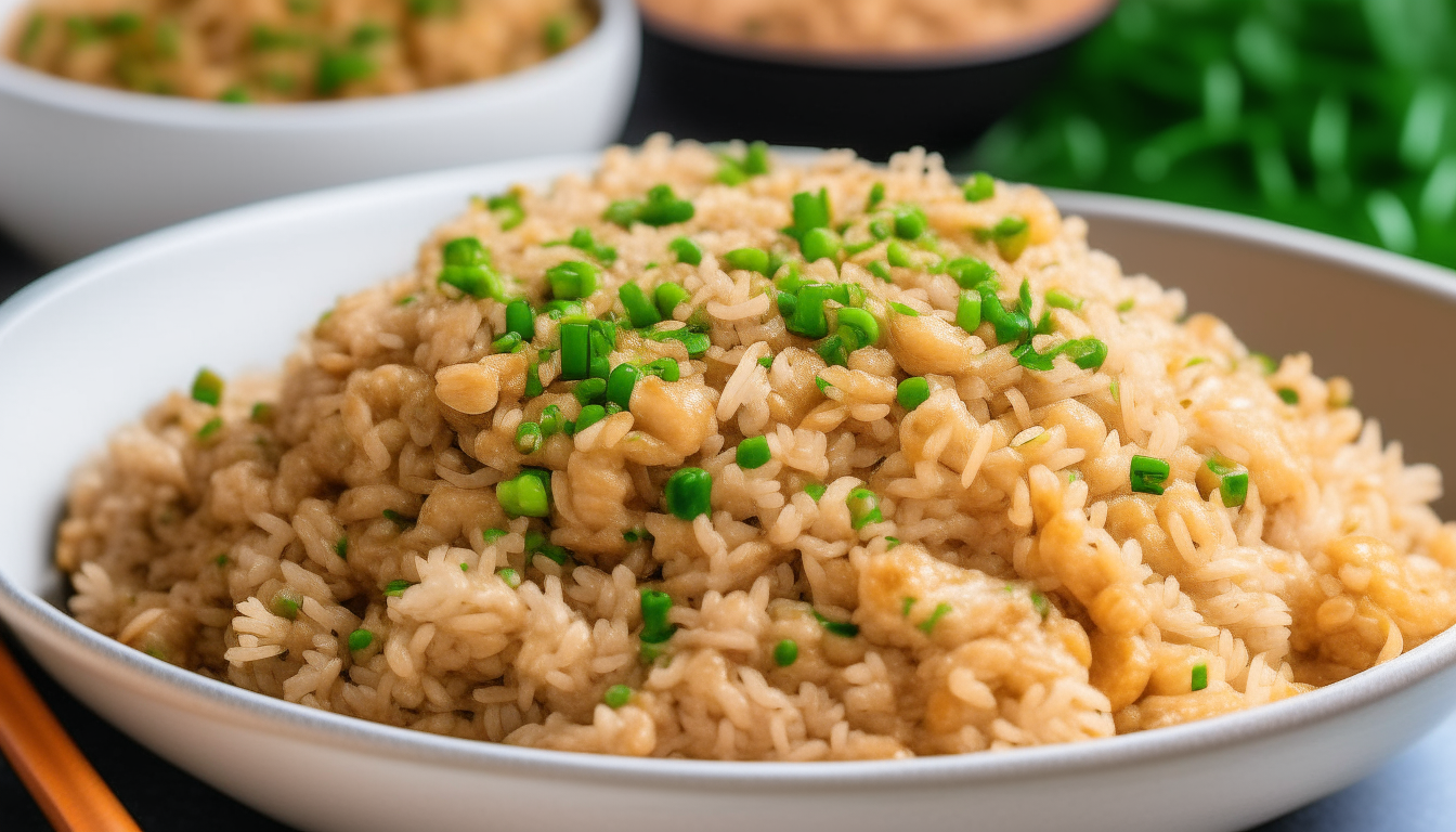 Plated Instant Pot pork fried rice with visible pork pieces, garnished with green onions and sesame seeds