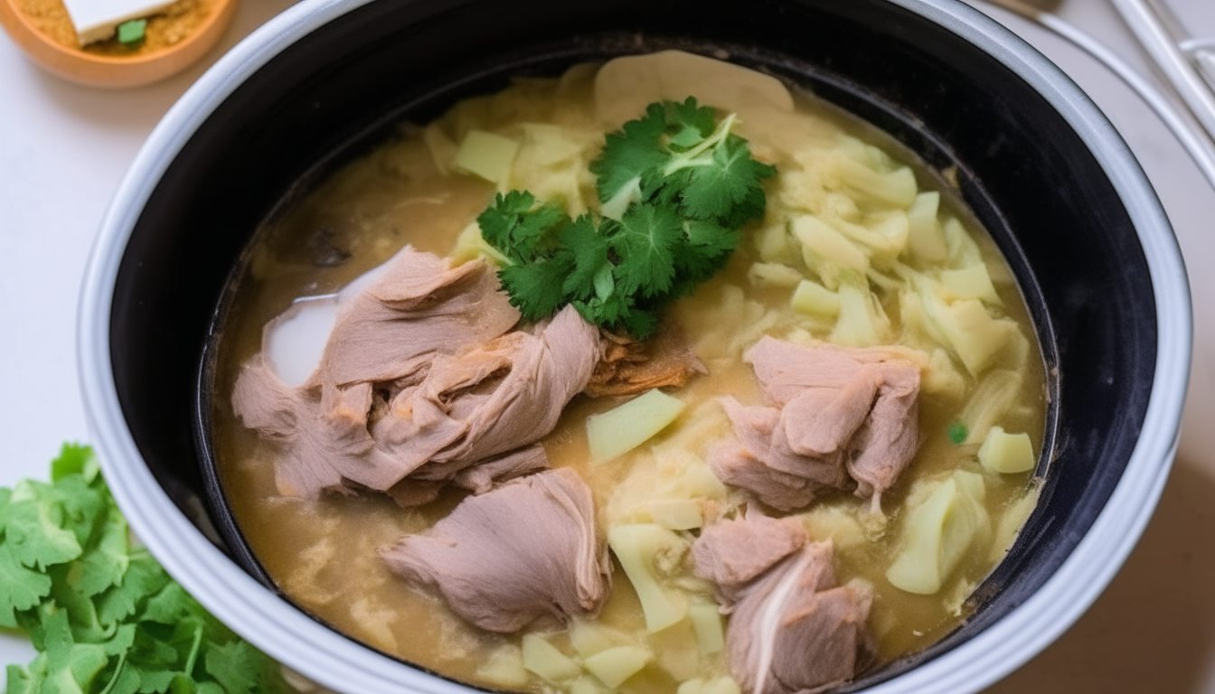 Chopped cabbage, broth and seasonings added to pork in Instant Pot