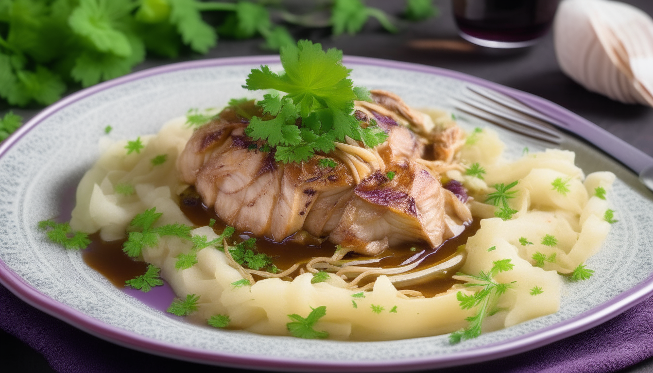 Pork and cabbage dish served on a plate, garnished with parsley