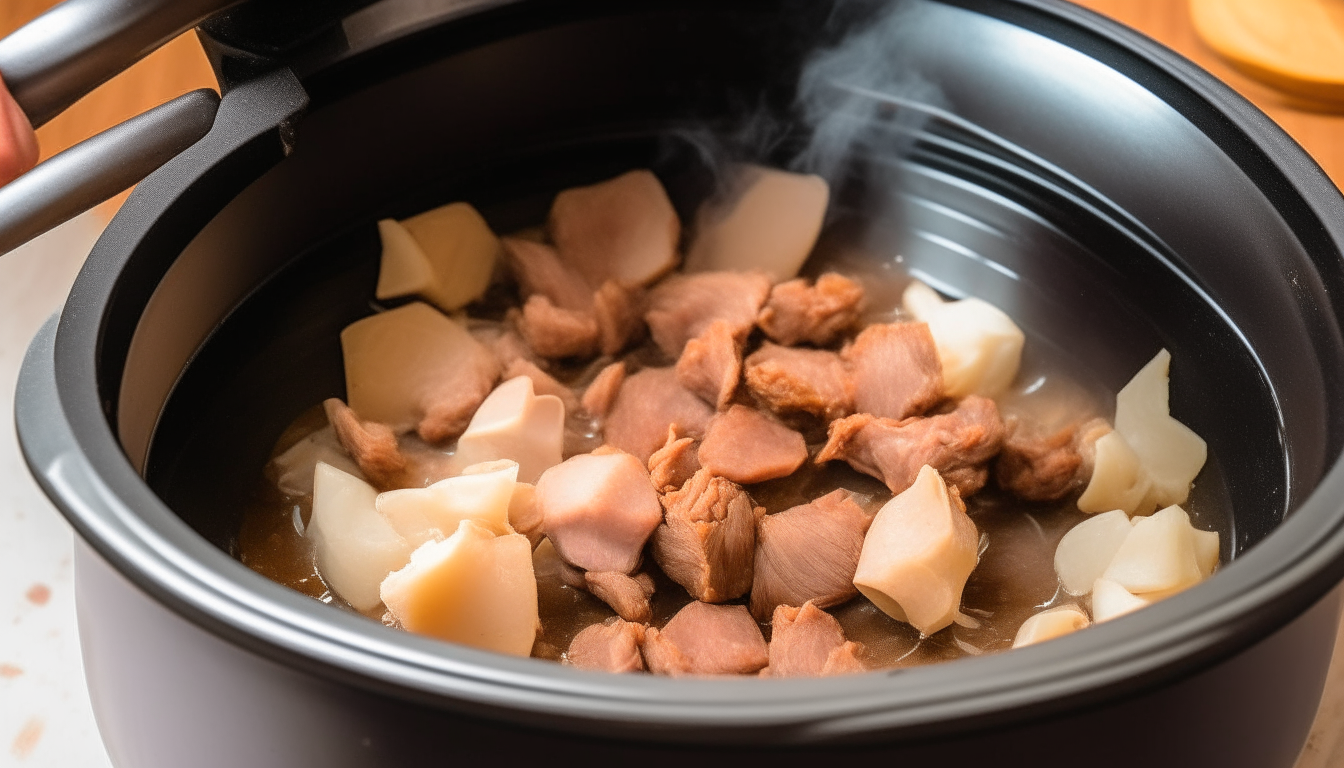 Onions and garlic sautéing with pork pieces in an Instant Pot