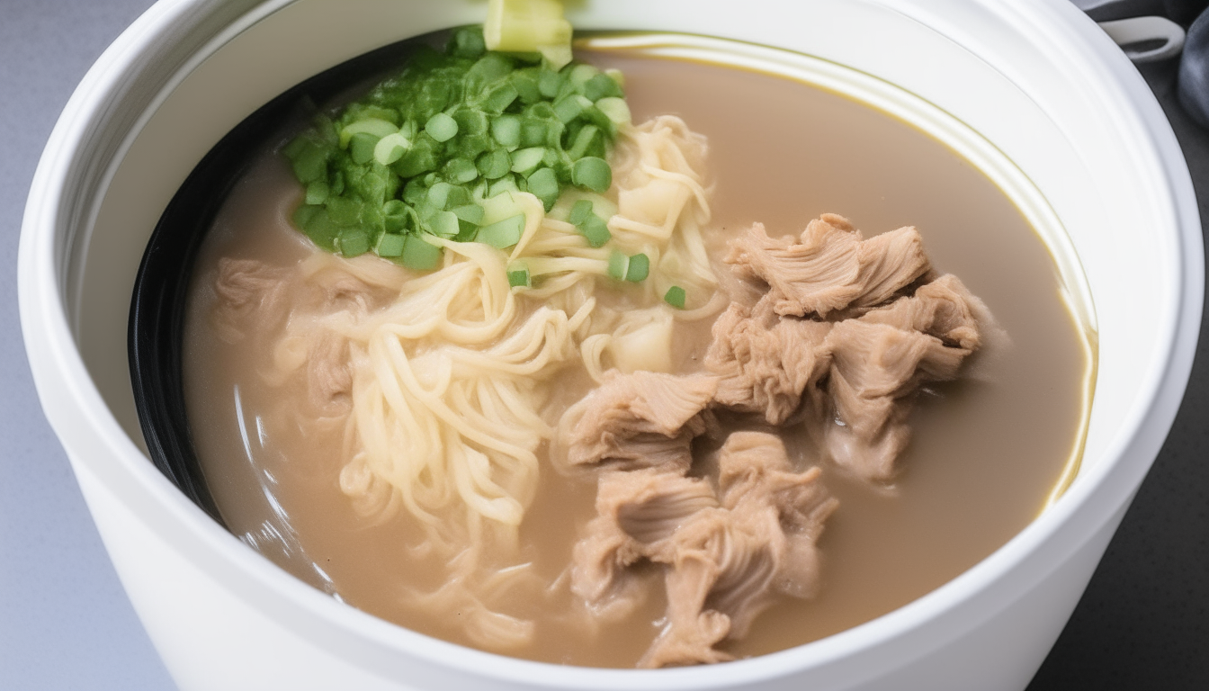 Chicken broth, soy sauce, egg noodles and bok choy added to pork mixture in Instant Pot