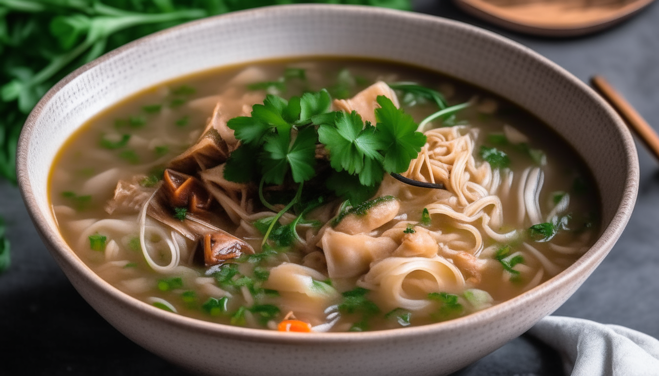 Bowl of finished pork noodle soup garnished with green onions and herbs