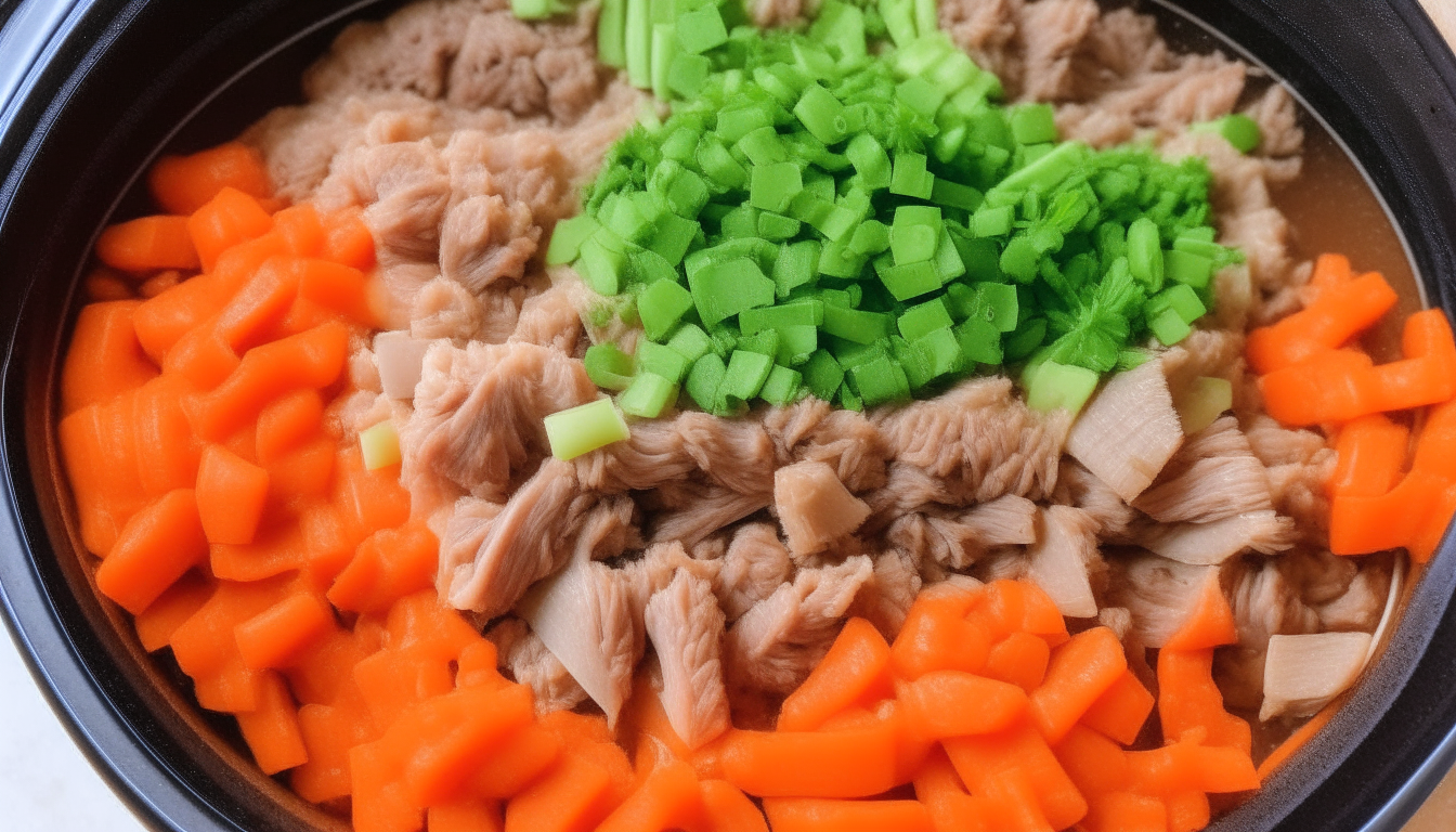 Onions, carrots, celery, garlic and barley added and mixed with lamb in Instant Pot