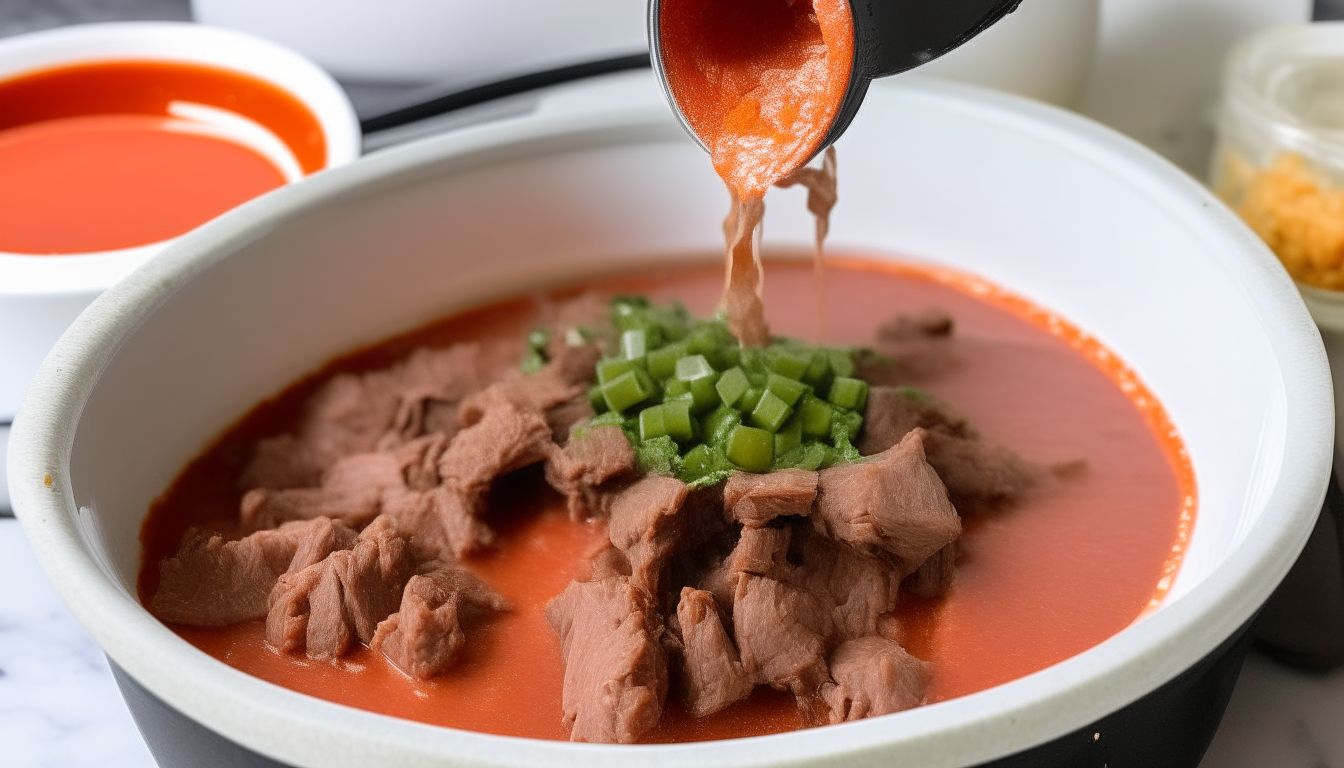 Beef broth and diced tomatoes poured into Instant Pot lamb mixture