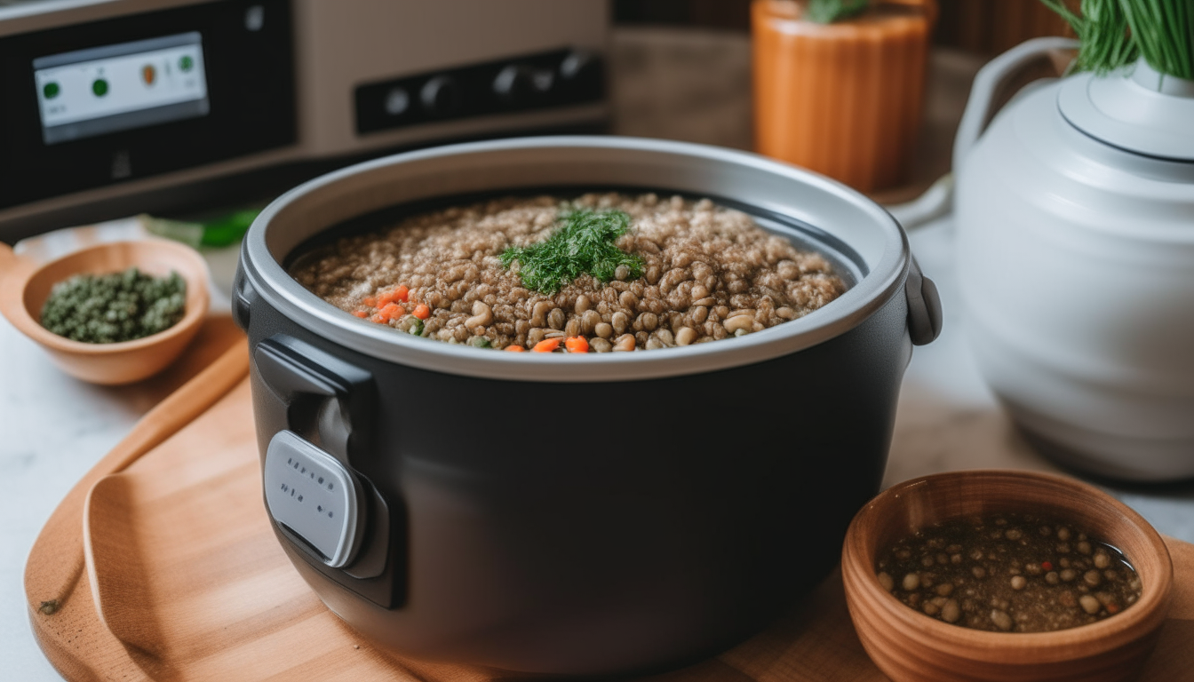 Instant Pot set to manual mode, cooking lamb barley stew