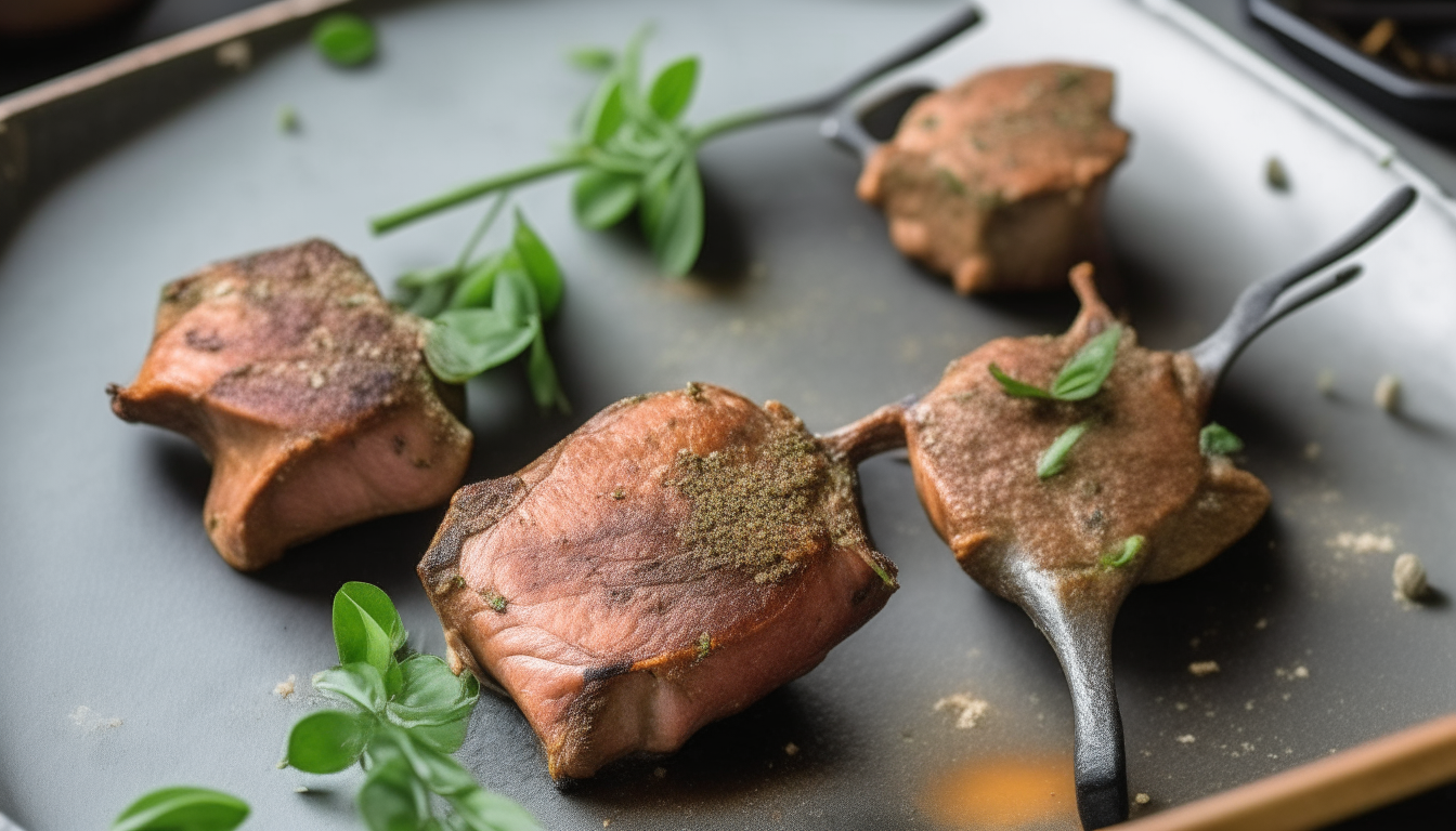 Lamb chops being seasoned with herbs and spices in even coating