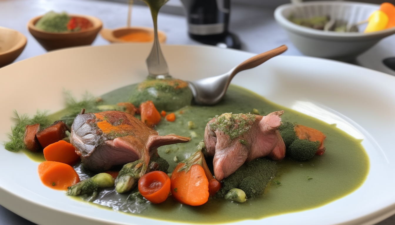 Herb sauce ingredients being mixed. Lamb chops plated with roasted vegetables