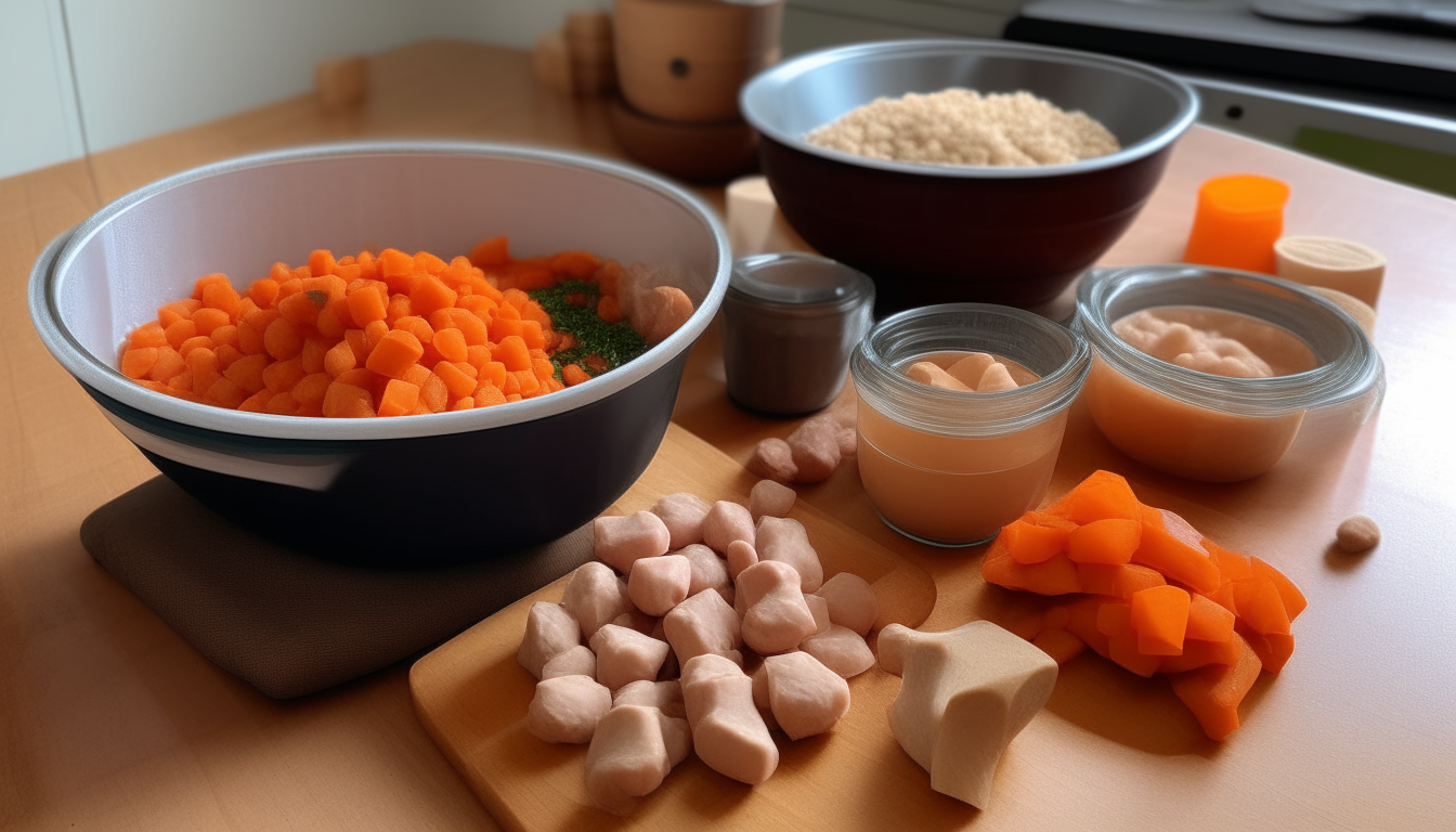 Kitchen scene showing ingredients for stew: diced onions, carrots, garlic, soaked chickpeas and raw lamb cubes