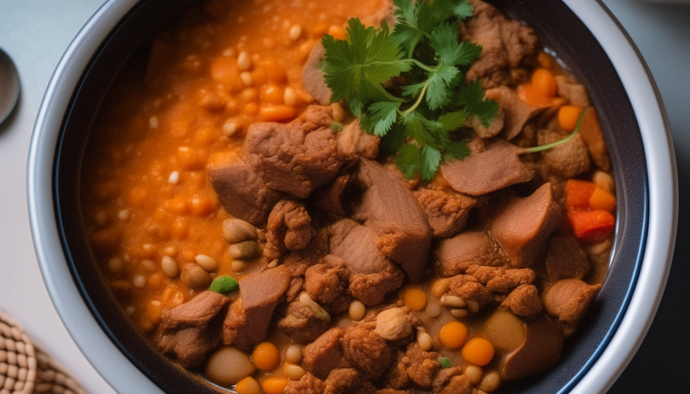 Instant Pot open, showing lamb browned and mixed with vegetables, chickpeas and spices