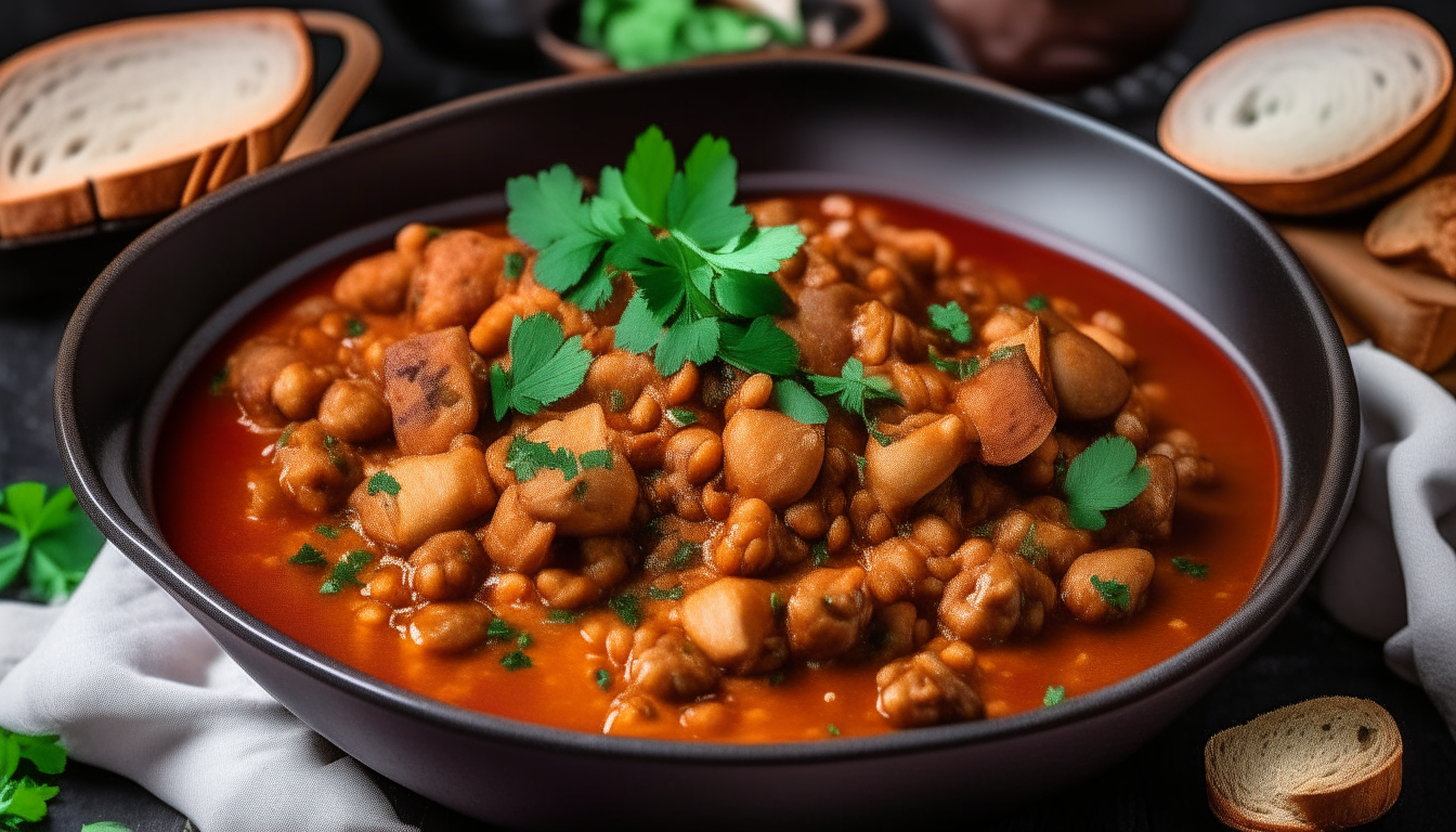 Bowl of finished lamb chickpea stew garnished with herbs and served with bread