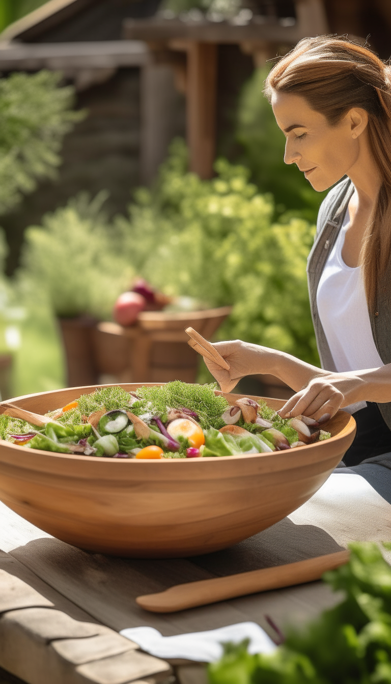 A woman sitting at an outdoor table on a sunny afternoon, enjoying a fresh garden salad in a large wooden bowl