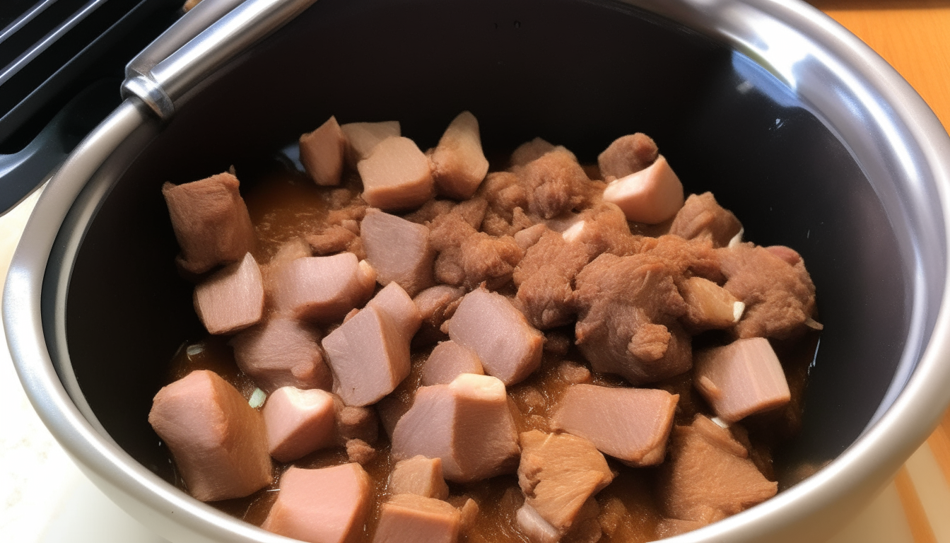 Onions, garlic, spices sautéing in Instant Pot. Cubed lamb seasoned then browned.