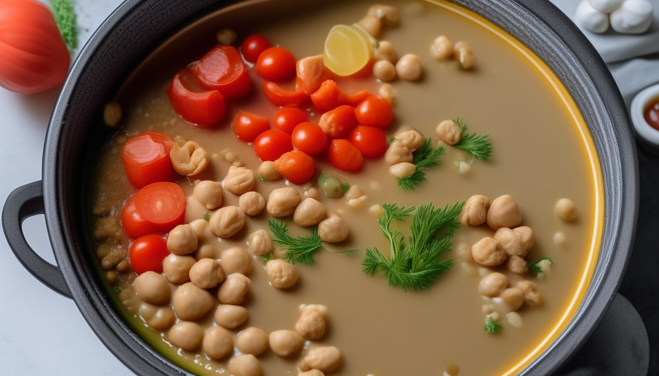 Chicken broth, tomatoes, chickpeas added to pot with lamb.