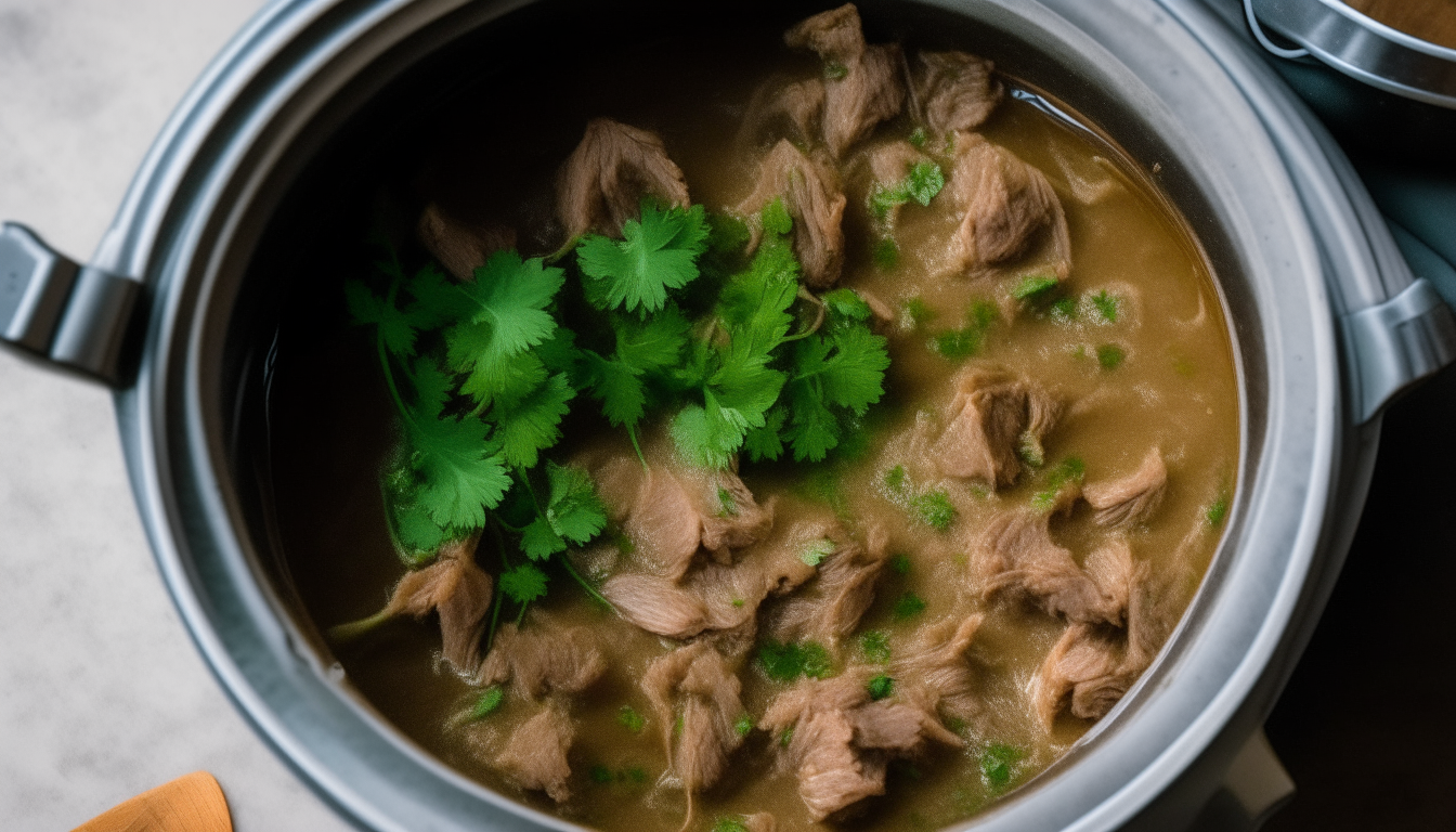 Cilantro stirred into finished lamb stew in Instant Pot.