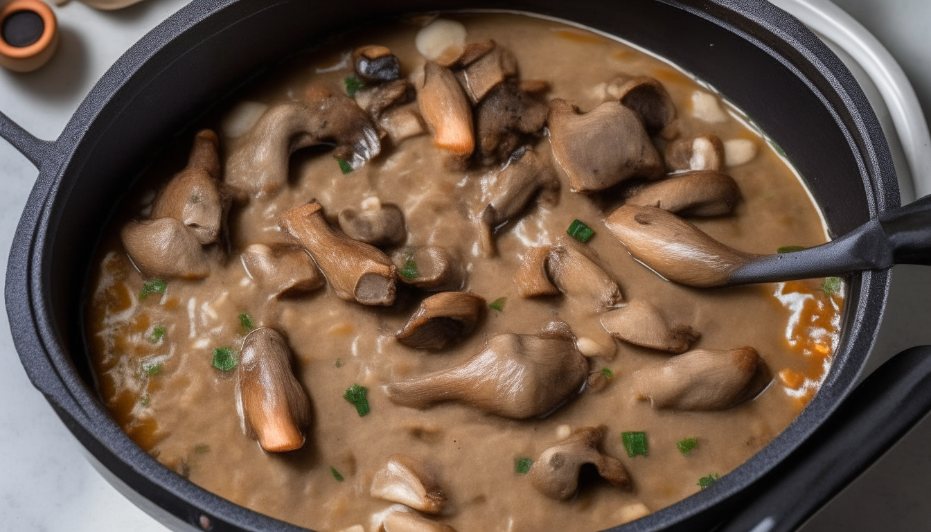 Thickened mushroom sauce mixed with pheasant pieces in pot