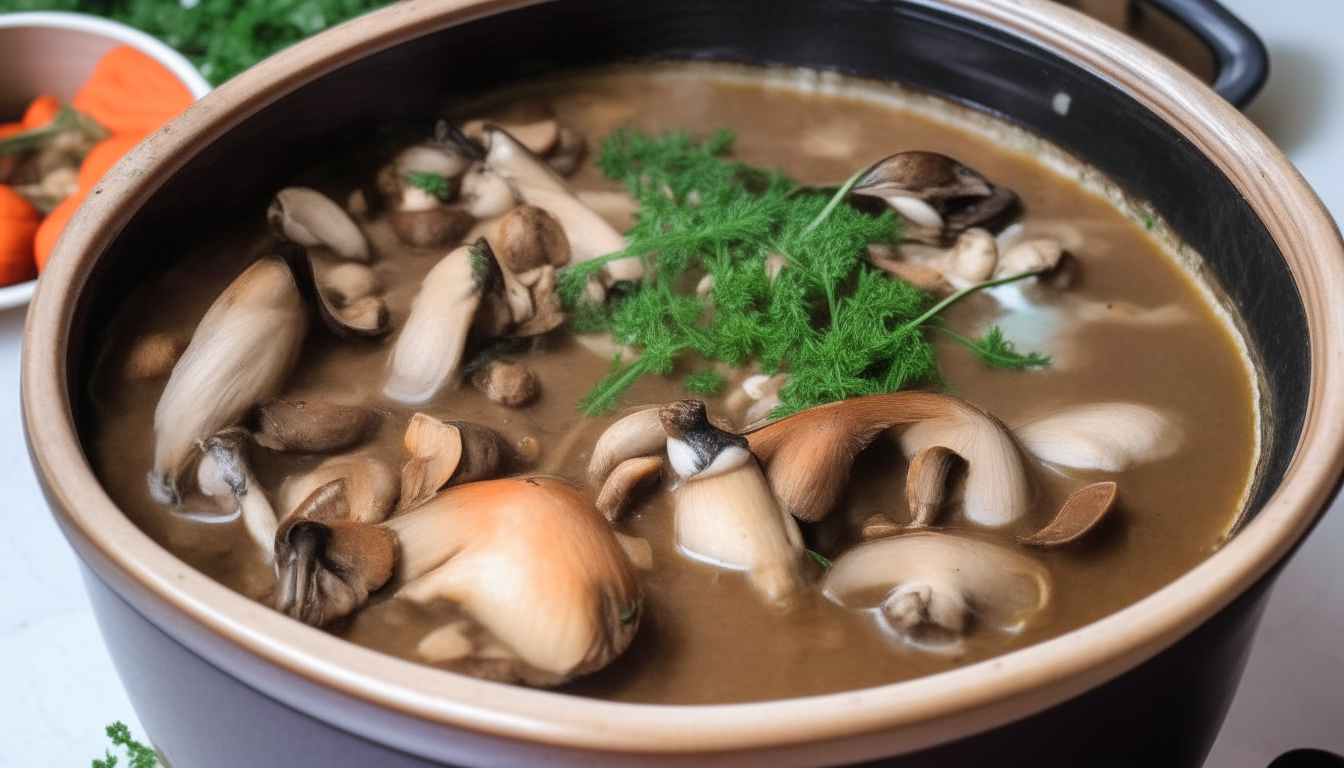 Wine, broth, mushrooms and thyme added to pot with pheasant